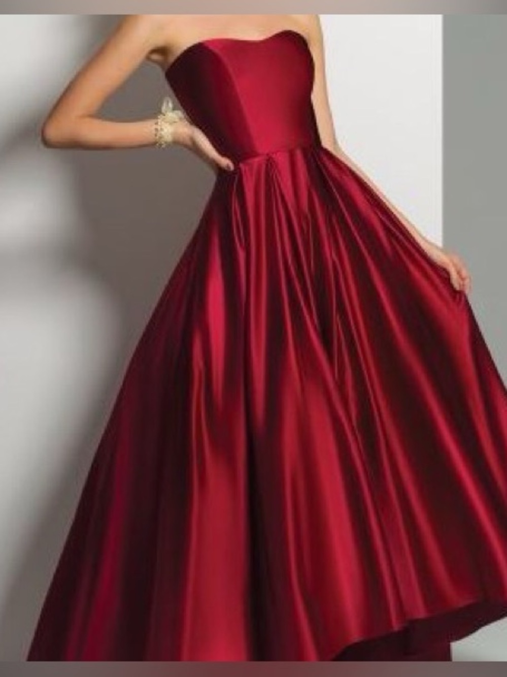 Camille La Vie Strapless Satin Ball Gown in Burgundy